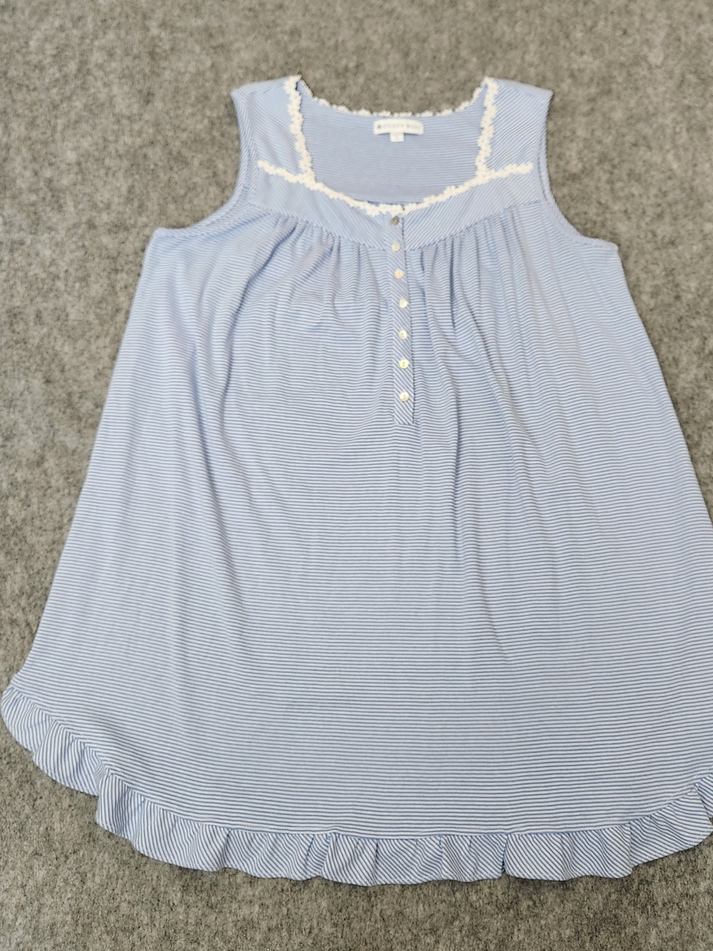 EILEEN WEST Ruffle Lace Nightgown Sleeveless Women's L Blue Striped Knit Cotton